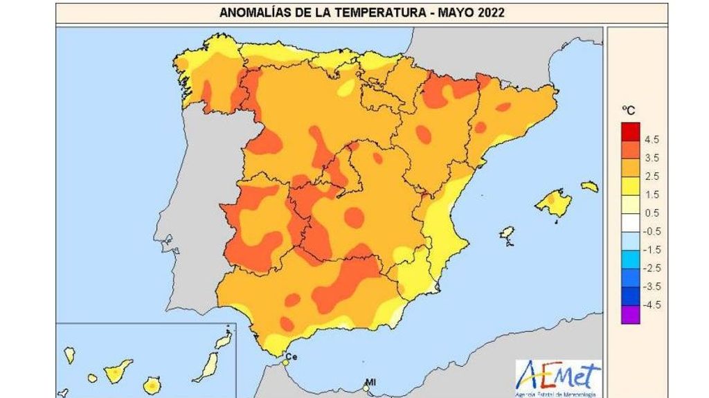 Anomalía de la temperatura en mayo 2022