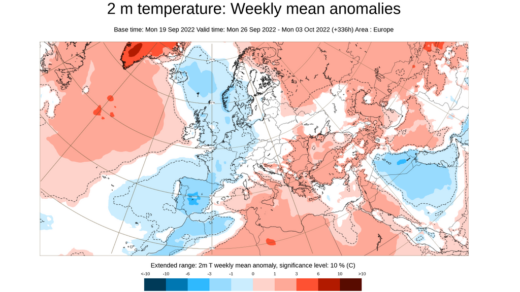 Anomalía de la temperatura prevista para la semana del 19 sept al 2 de oct