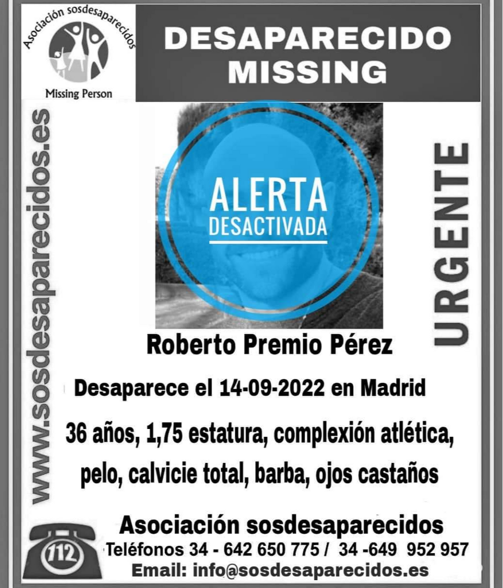 La Asociación SOS Desaparecidos ha desactivado la búsqueda de Roberto Premio Pérez