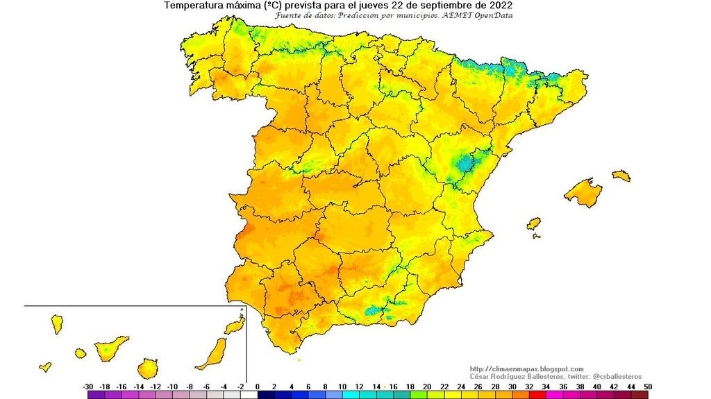Temperaturas máximas previstas para el jueves 22