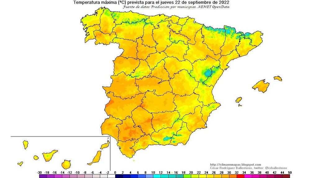 Temperaturas máximas previstas para el jueves 22