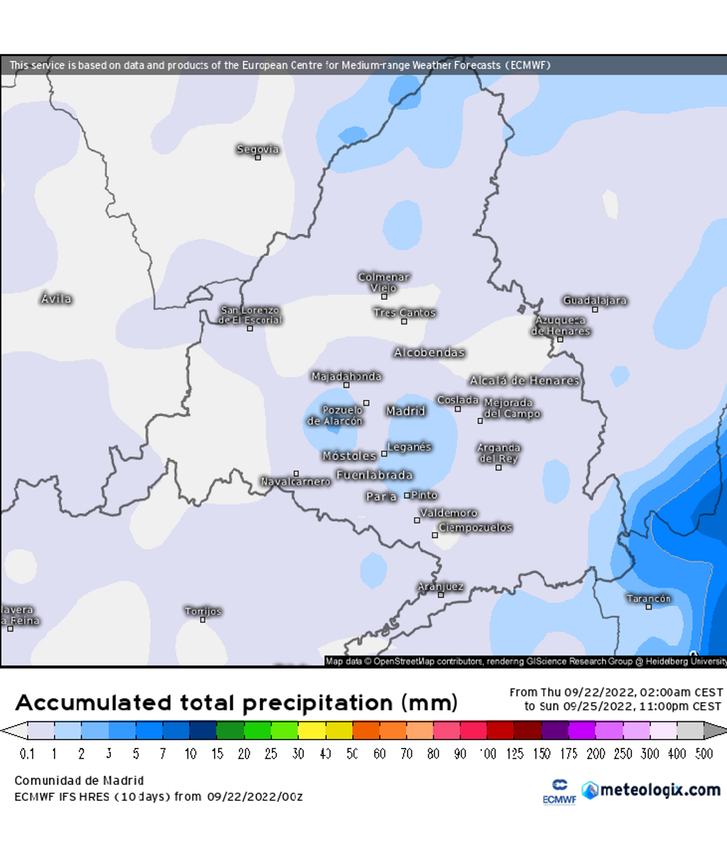 Precipitación total prevista hasta el domingo 25