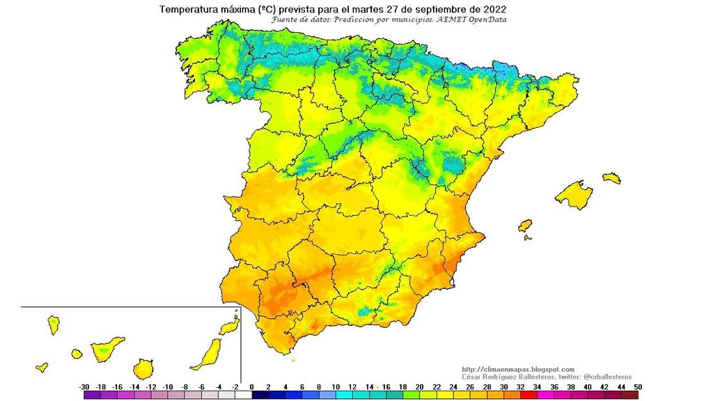 Temperaturas máximas previstas para el martes 27