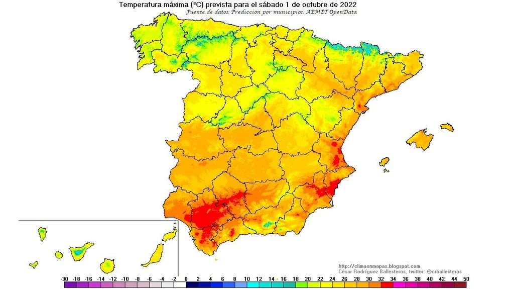 Temperaturas máximas previstas para el sábado 1 de octubre