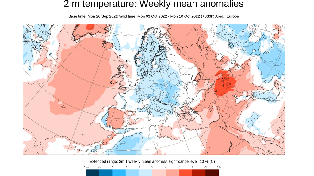 Anomalía de la temperatura prevista para la semana del 3 al 9 de octubre