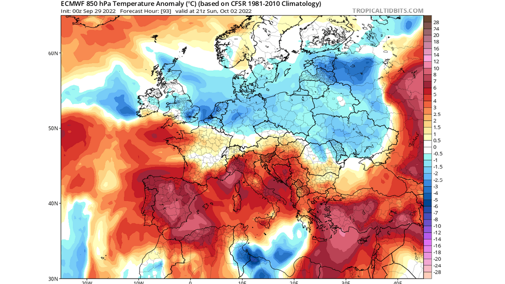 Anomalía de la temperatura 850 hPa prevista para el domingo 2 de oct