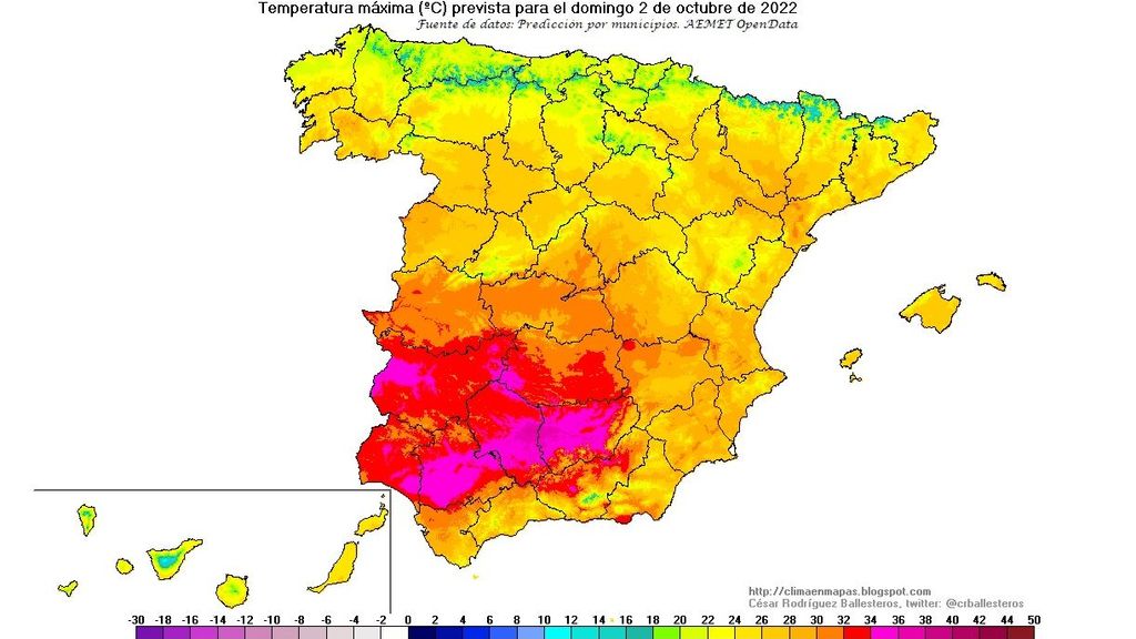 Temperaturas máximas previstas para el domingo 2 oct