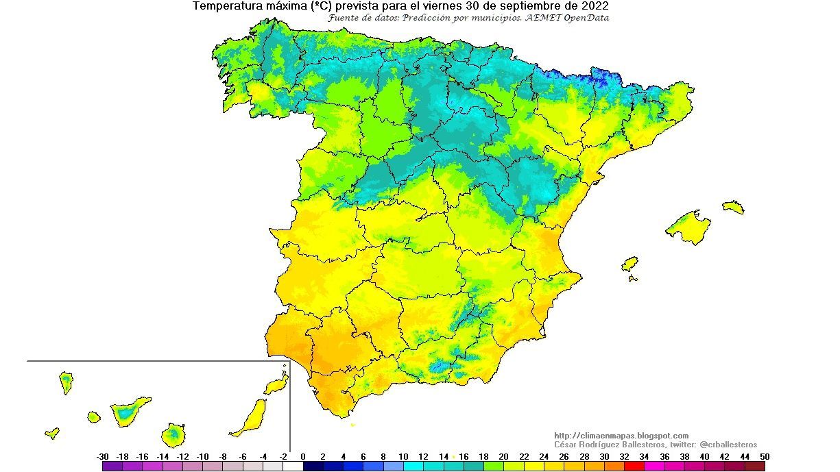 Temperaturas máximas previstas para el viernes 30