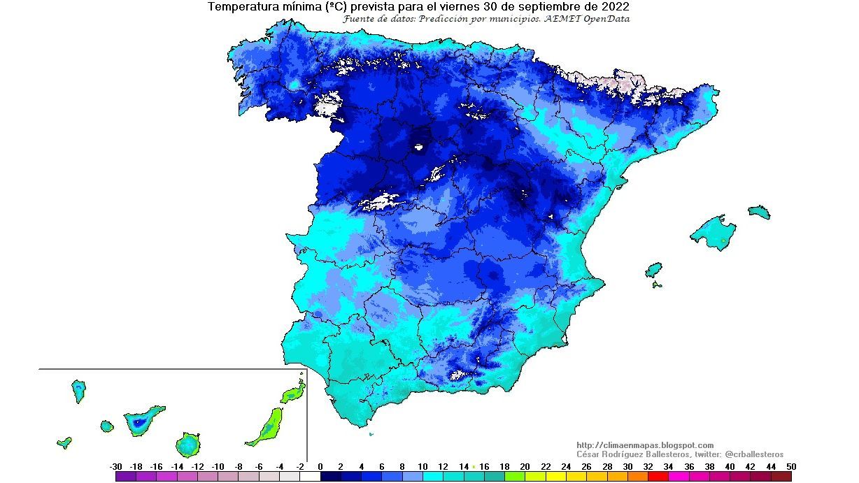 Temperaturas mínimas previstas para el viernes 30