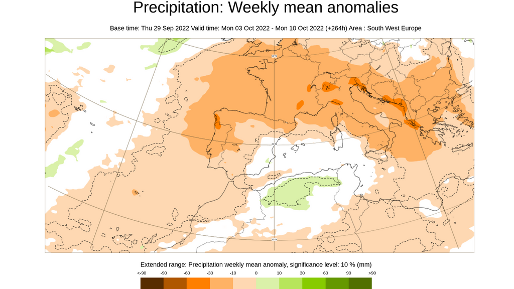 Anomalía de la precipitación prevista la semana del 3 al 9 de octubre