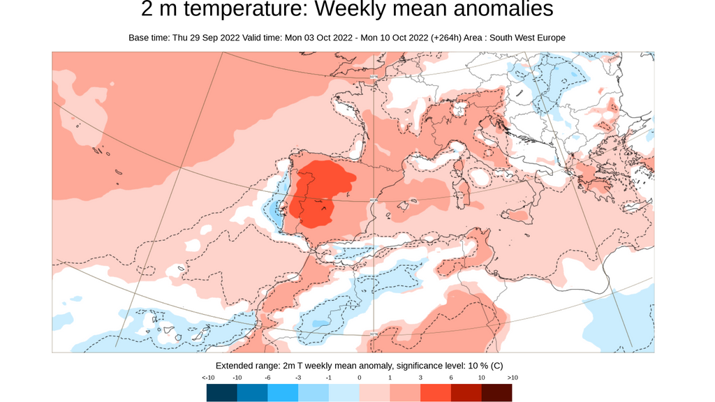 Anomalía de la temperatura prevista para la semana del 3 al 9 de octubre