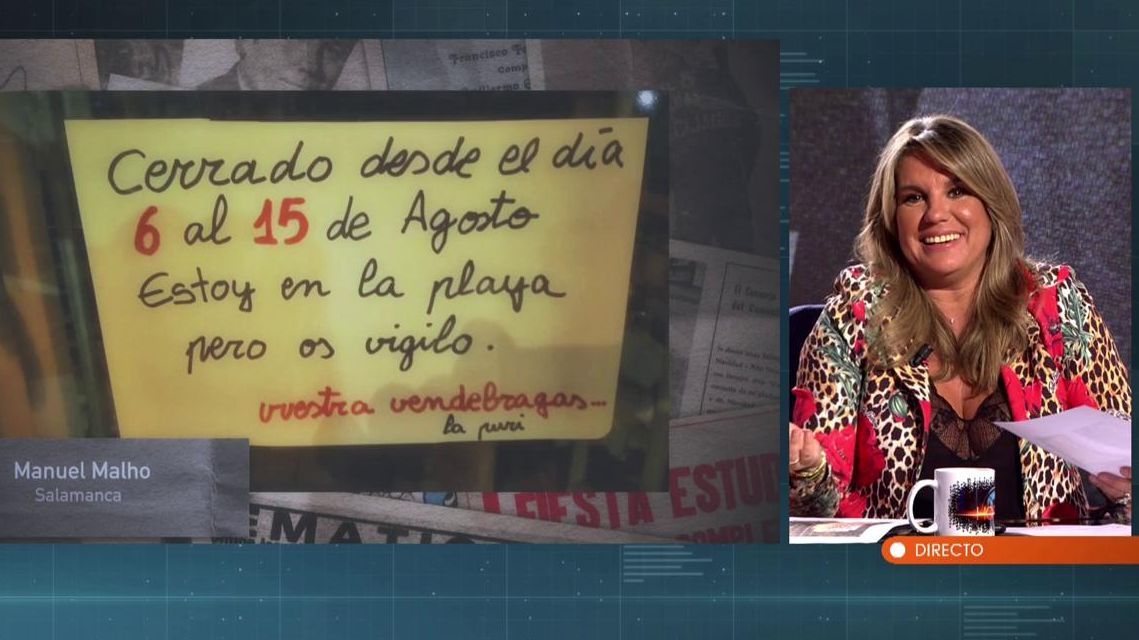 Cartel: 'Estoy en la playa pero os vigilo. Vuestra vendebragas'