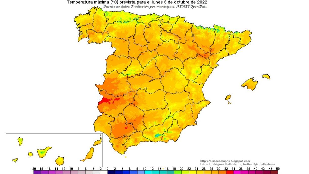 Temperaturas máximas previstas para el lunes