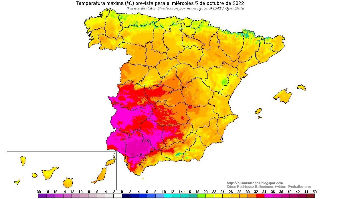 Temperaturas máximas previstas para el miércoles 5