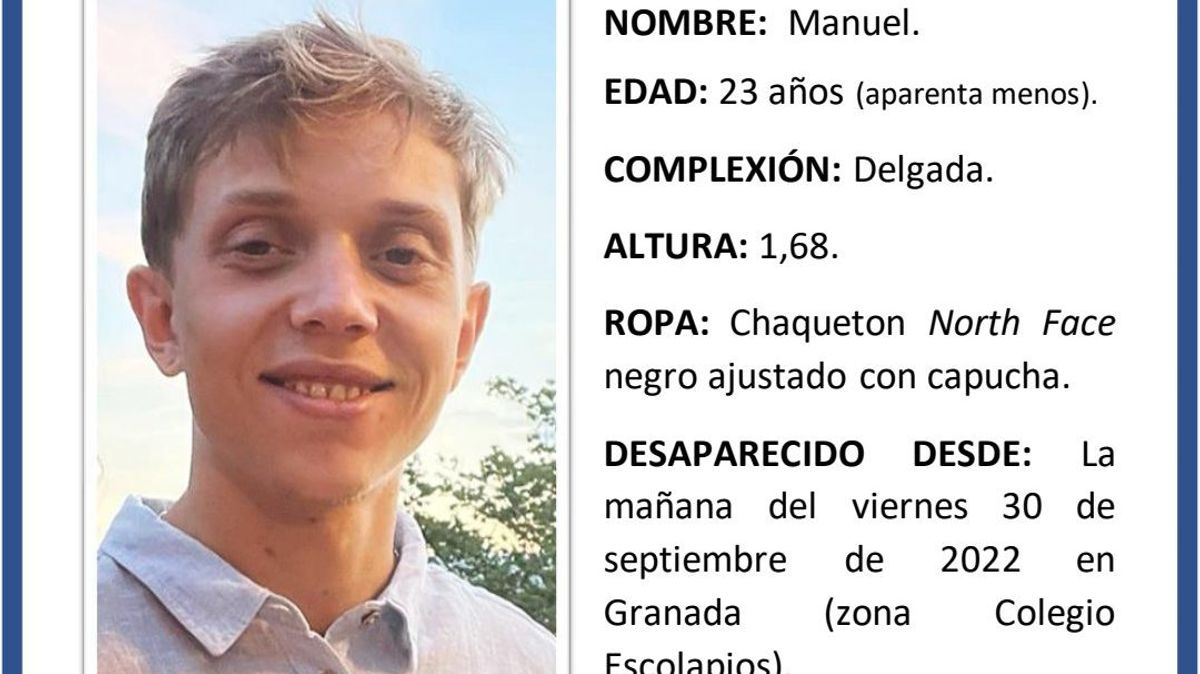 Cartel con la descripción y foto de Manuel, desaparecido el viernes 30 de septiembre en Granada.