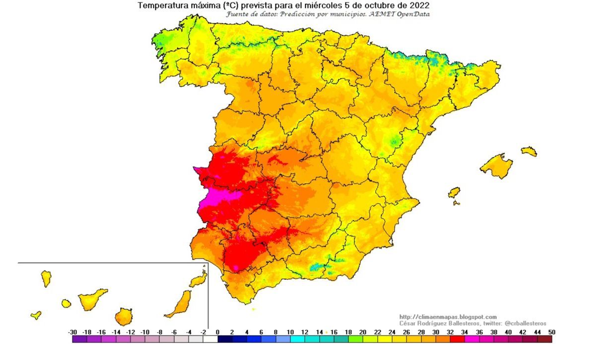 Temperaturas máximas previstas para el miércoles 5