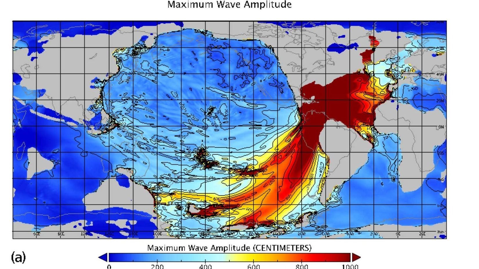 Amplitud máxima de la ola de tsunami tras el impacto de un asteroide hace 66 millones de años