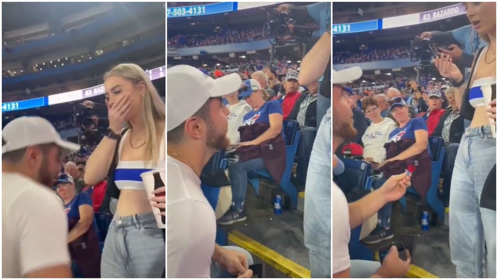 La broma en un partido de béisbol que sale mal: un hombre pide matrimonio con un anillo de caramelo