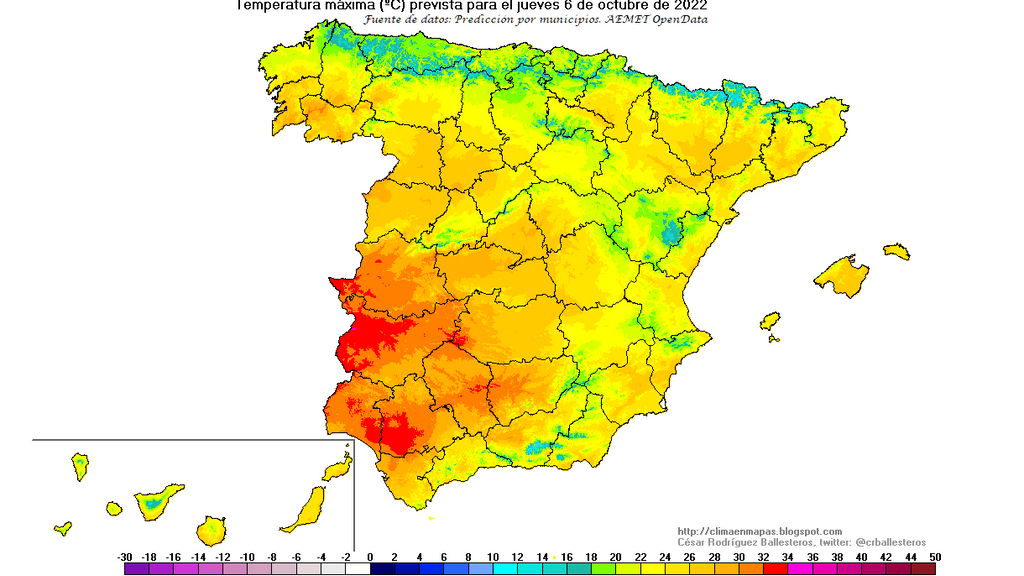 Temperaturas máximas previstas para el jueves 6