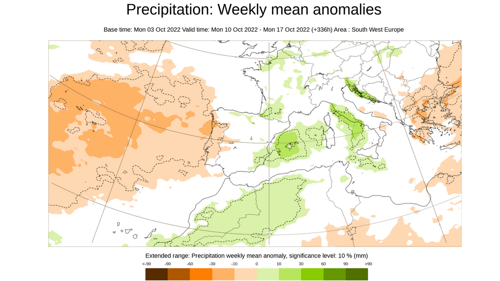 Anomalía de la precipitación prevista para la semana del 10 al 16 de oct