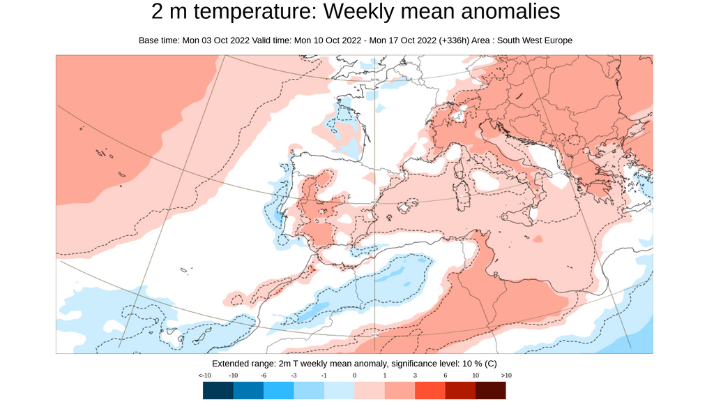 Anomalía de la temperatura prevista para la semana del 10 al 16 de oct