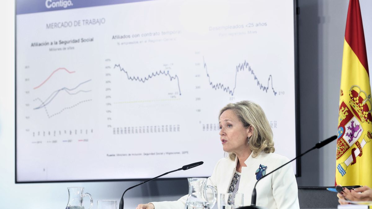 La vicepresidenta primera y ministra de Asuntos Económicos y Transformación Digital, Nadia Calviño, en la comparecencia posterior al Consejo de Ministros, a 4 de octubre de 2022, en Madrid (España). La vicepresidenta primera y ministra de Asuntos Económicos y Transformación Digital, Nadia Calviño, en la comparecencia posterior al Consejo de Ministros, a 4 de octubre de 2022, en Madrid (España).