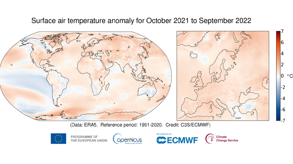 Anomalía de la temperatura del aire en la superficie de octubre de 2021 a septiembre de 2022 en relación con el promedio de 1991-2020