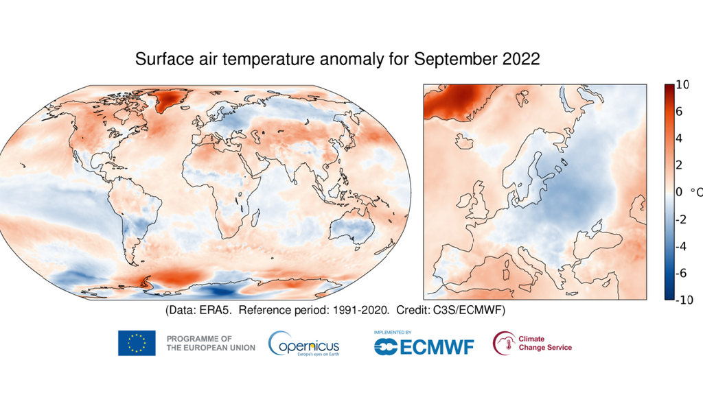 Anomalía de la temperatura del aire superficial para septiembre de 2022 en relación con el promedio de septiembre para el período 1991-2020