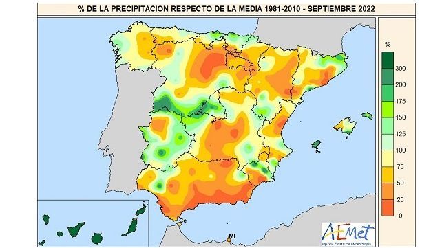 Porcentaje de la precipitación acumulada en septiembre de 2022 respecto de la media 1981-2021