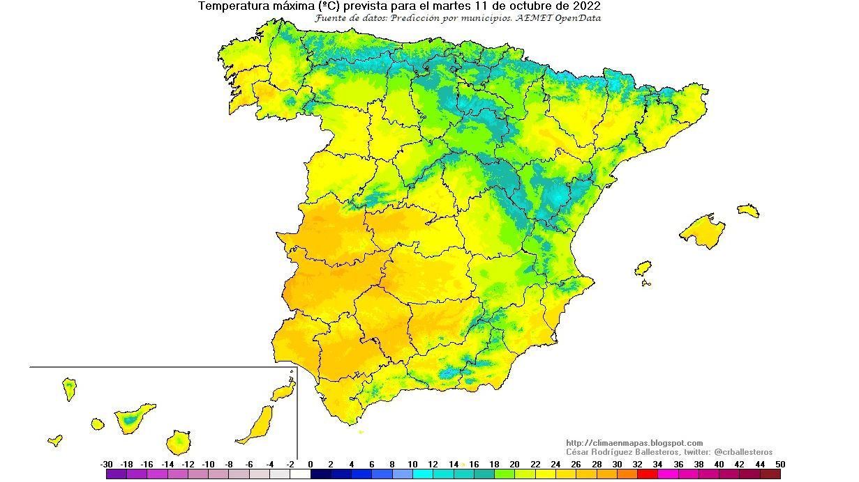 Temperaturas máximas previstas para el martes 11