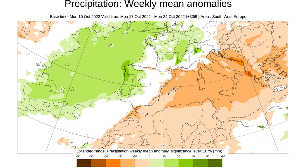 Anomalía de la precipitación media prevista para la semana que viene