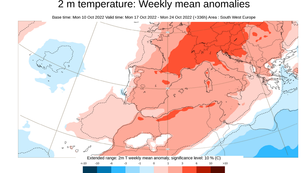 Anomalía de la temperatura media prevista para la semana que viene