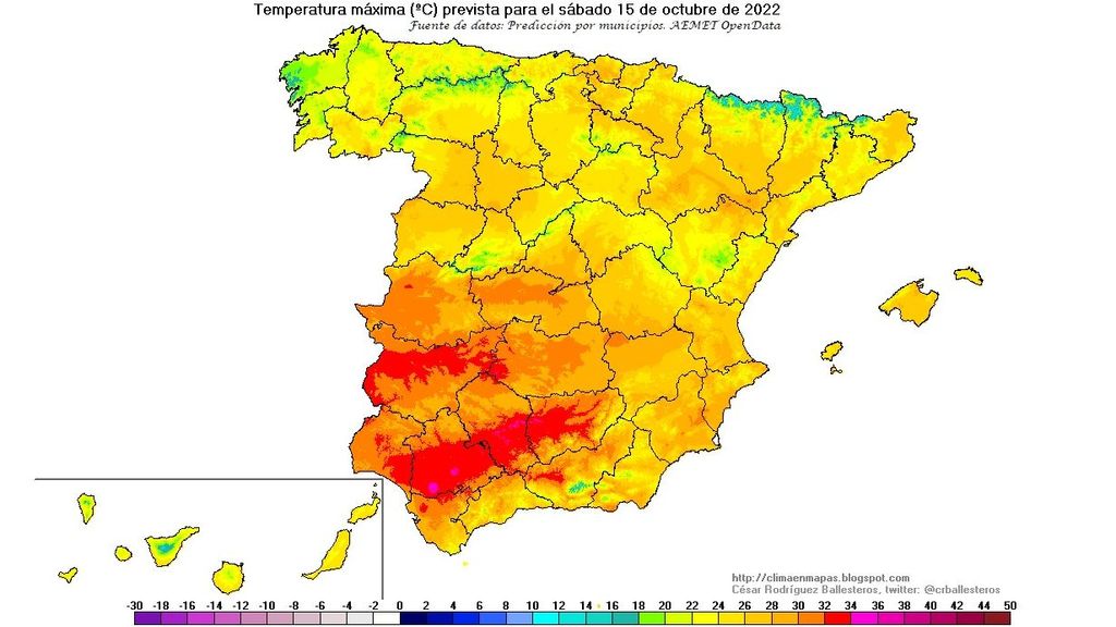 Temperaturas máximas previstas para el sábado 15