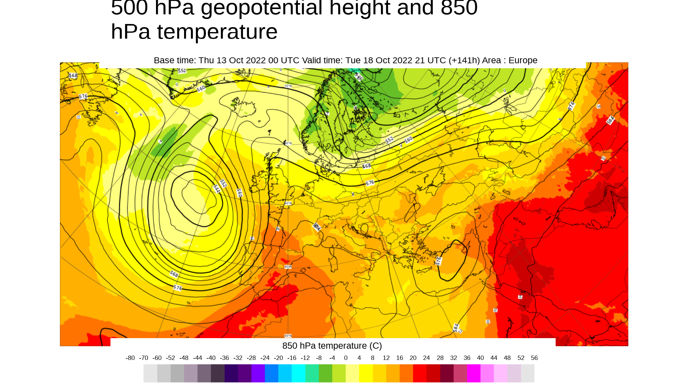 Temperatura y geopotencial 500 hPa previsto para el martes 18