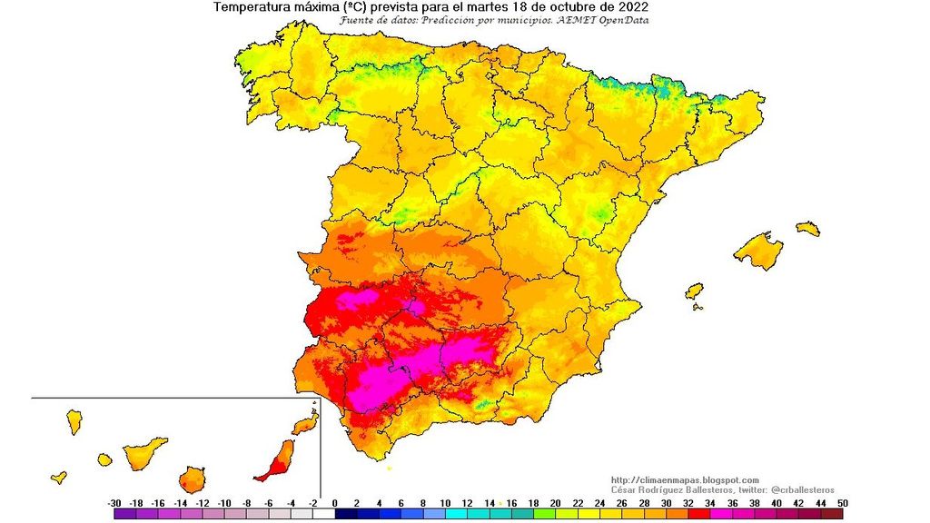 Temperaturas máximas previstas para el martes 18