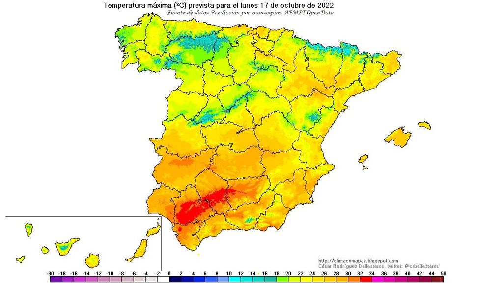 Temperaturas máximas previstas para el lunes 17