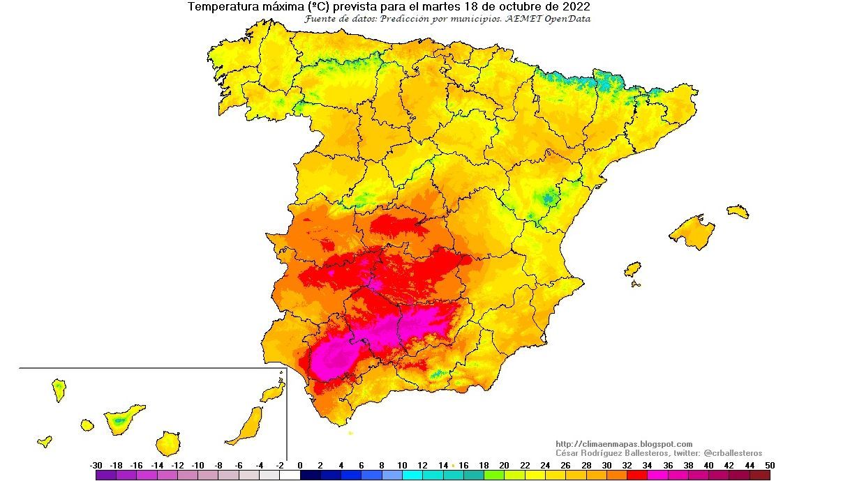 Temperaturas máximas previstas para el martes 18