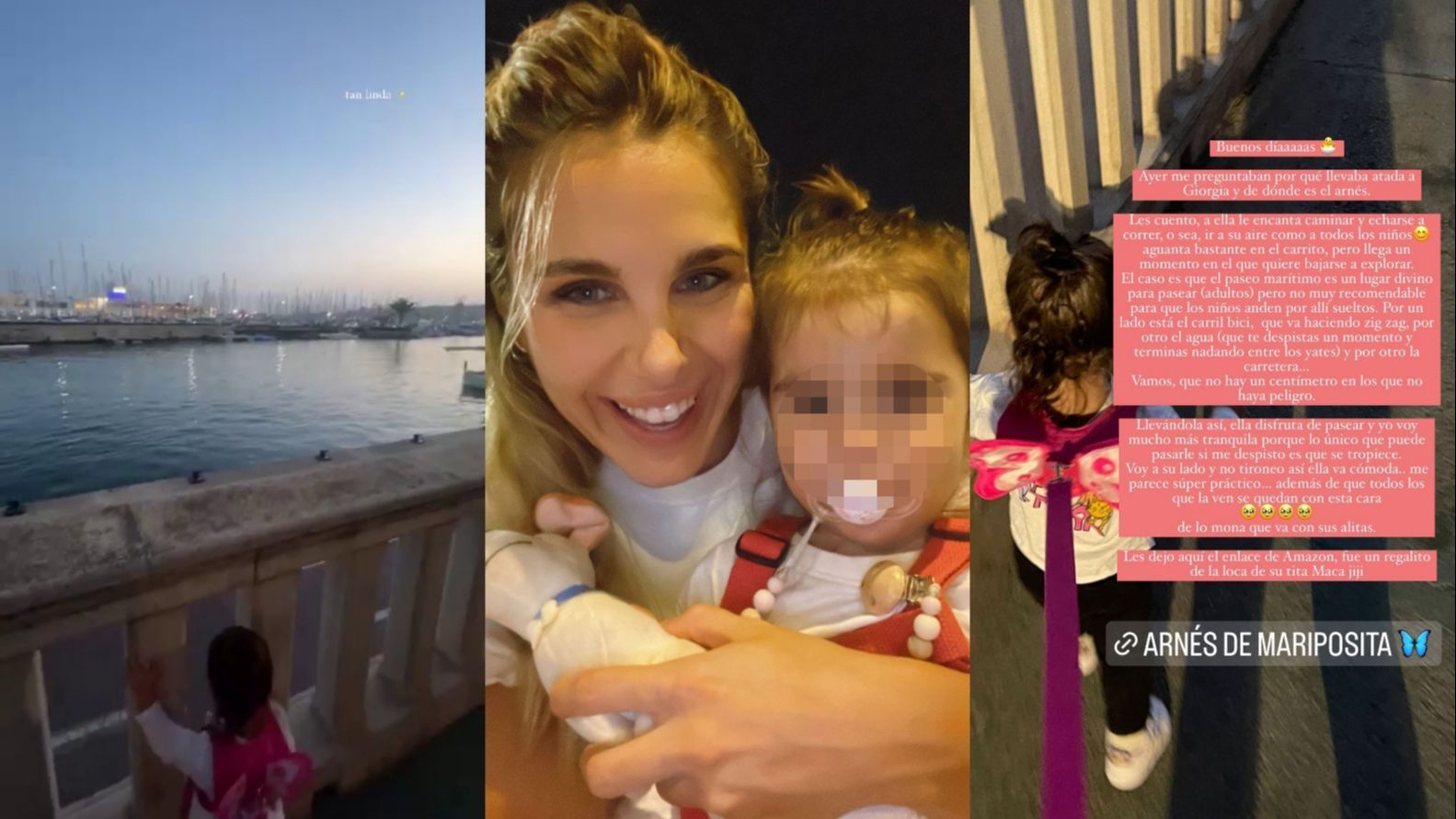 Ivana Icardi utiliza un arnés con correas para pasear a su hija