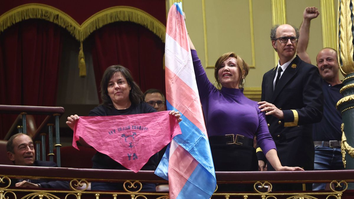La activista trans Mar Cambrollé enarbola una bandera durante el debate de la ley en el Congreso