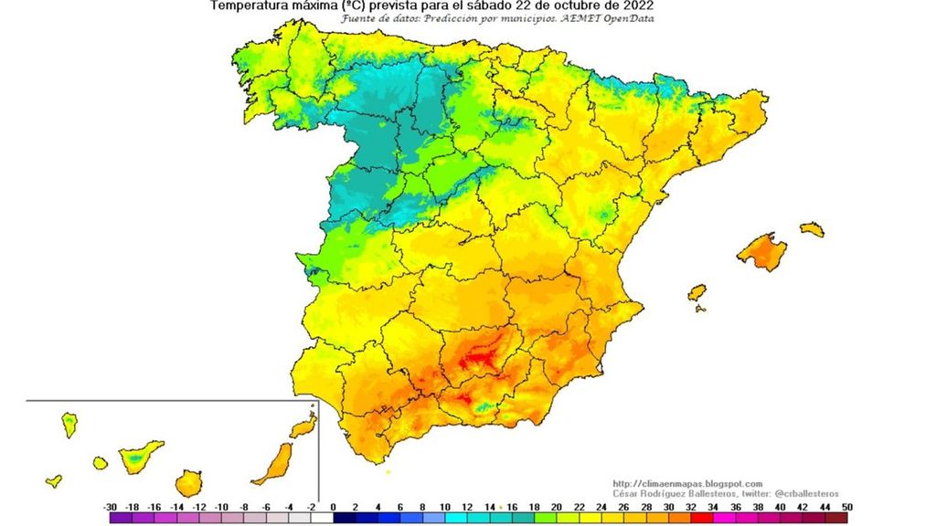 Temperaturas máximas previstas para el sábado 22