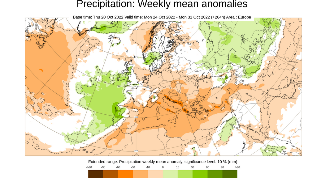 Anomalía de la precipitación prevista para la semana del 24 al 30 de octubre