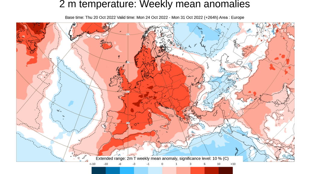 Anomalía de la temperatura prevista del 24 al 30 de octubre
