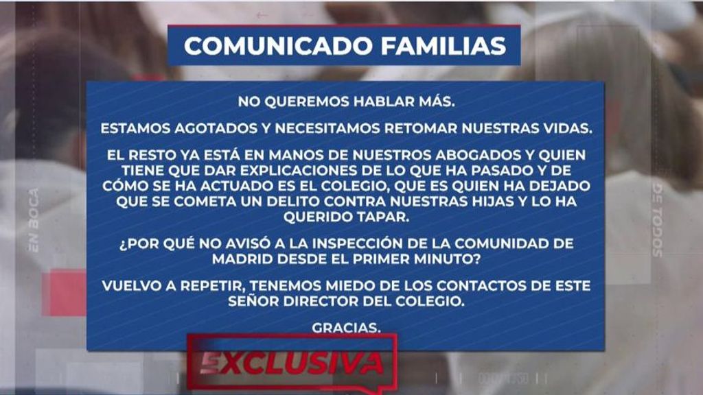 El comunicado de las familias del colegio de Boadilla del Monte