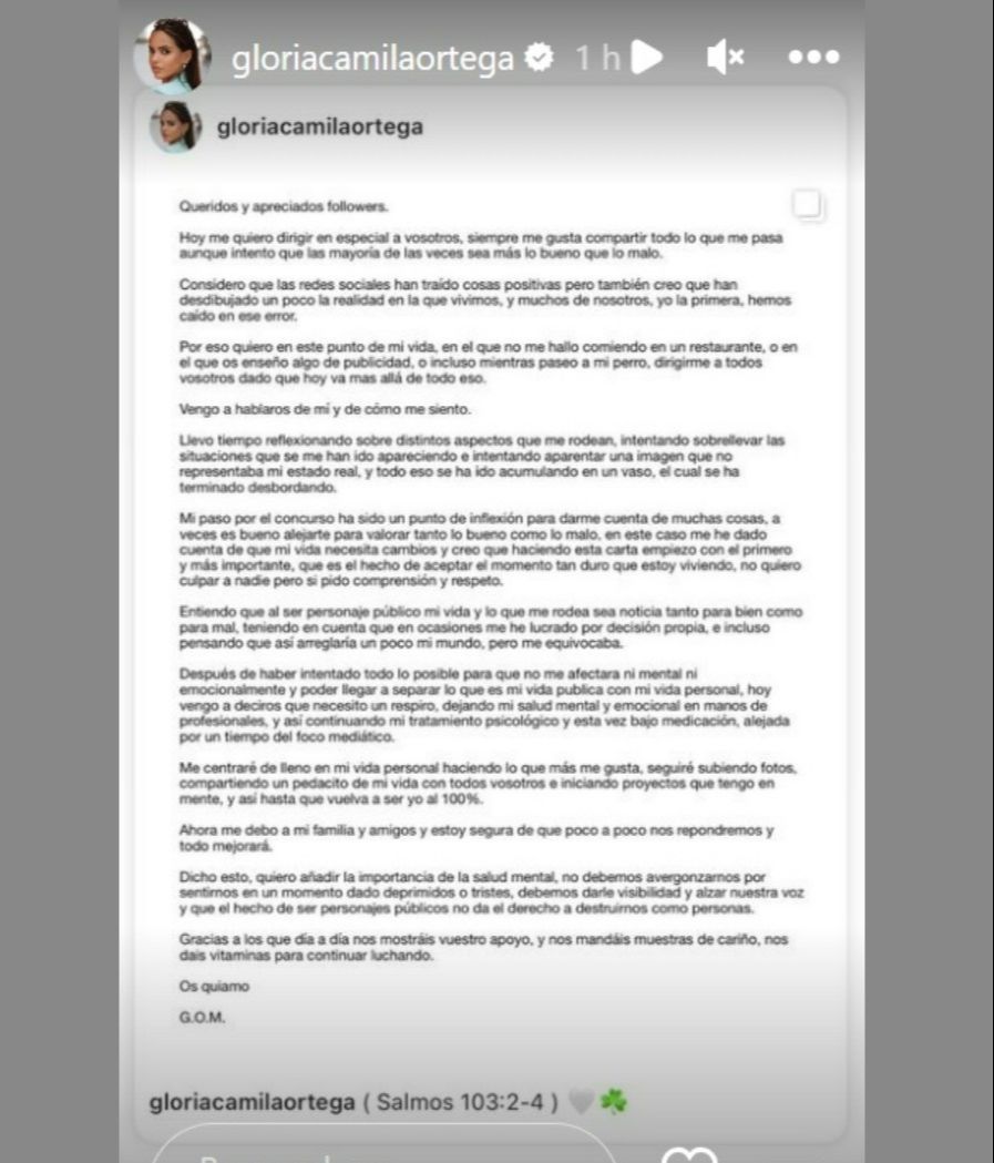 El comunicado que ha difundido Gloria Camila