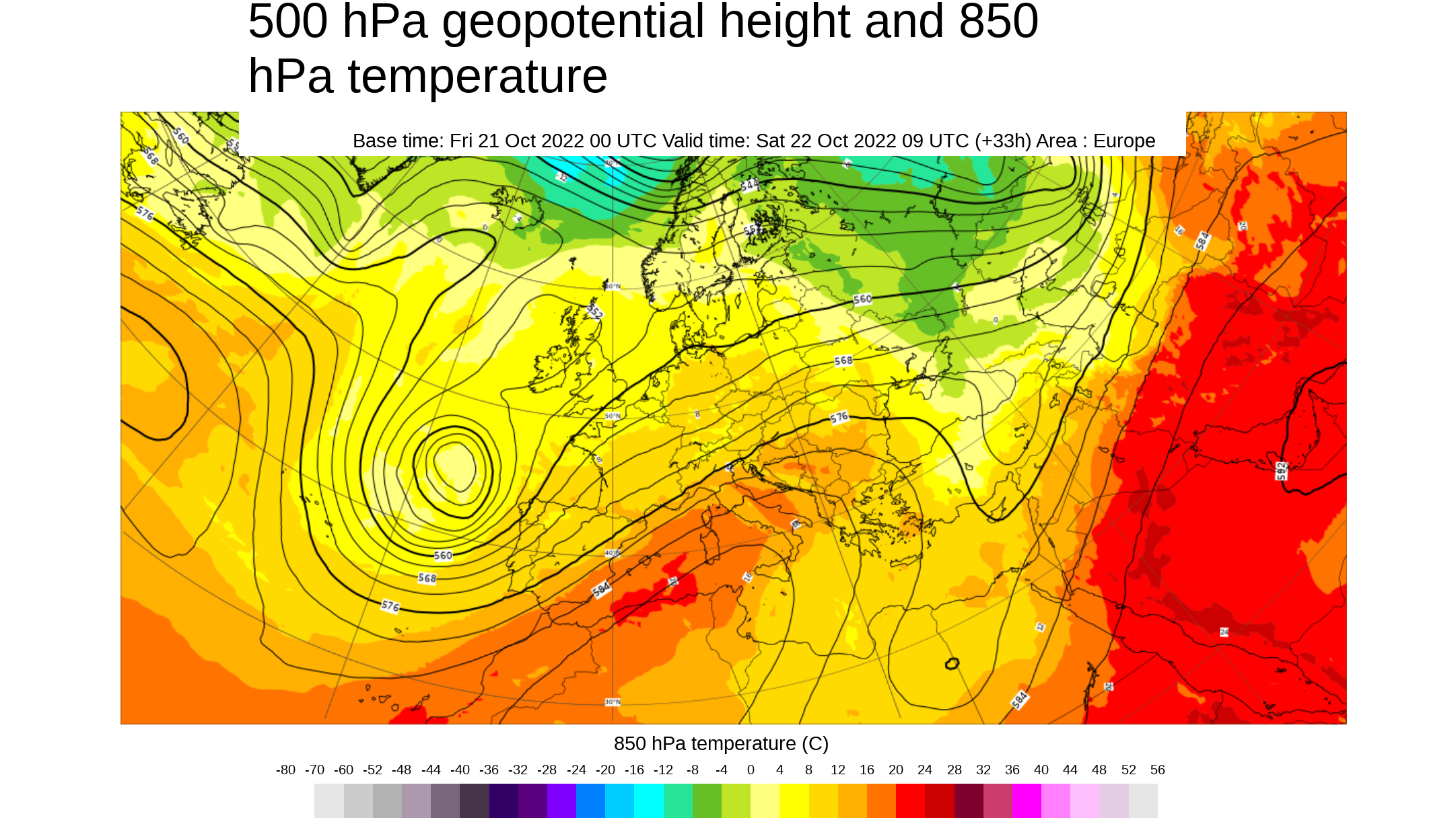Temperatura y geopotencial 500 hPa, con la borrasca Beatrice al oeste de la Península