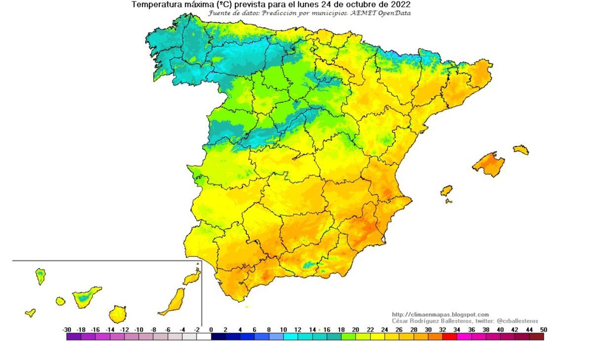 Temperaturas máximas previstas para el lunes 24