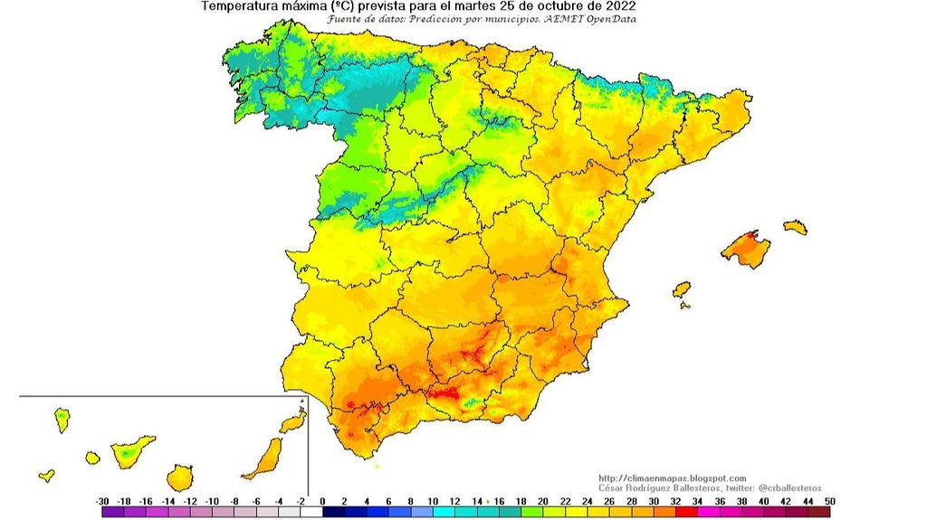 Temperaturas máximas previstas para el martes 25