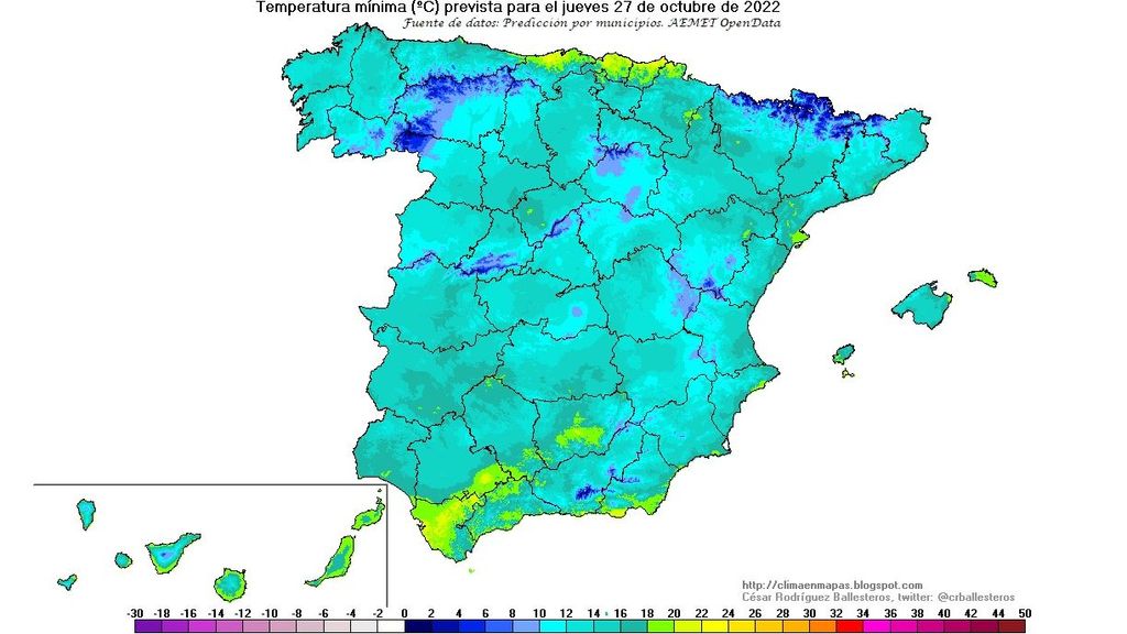 Temperaturas mínimas previstas para el jueves 27