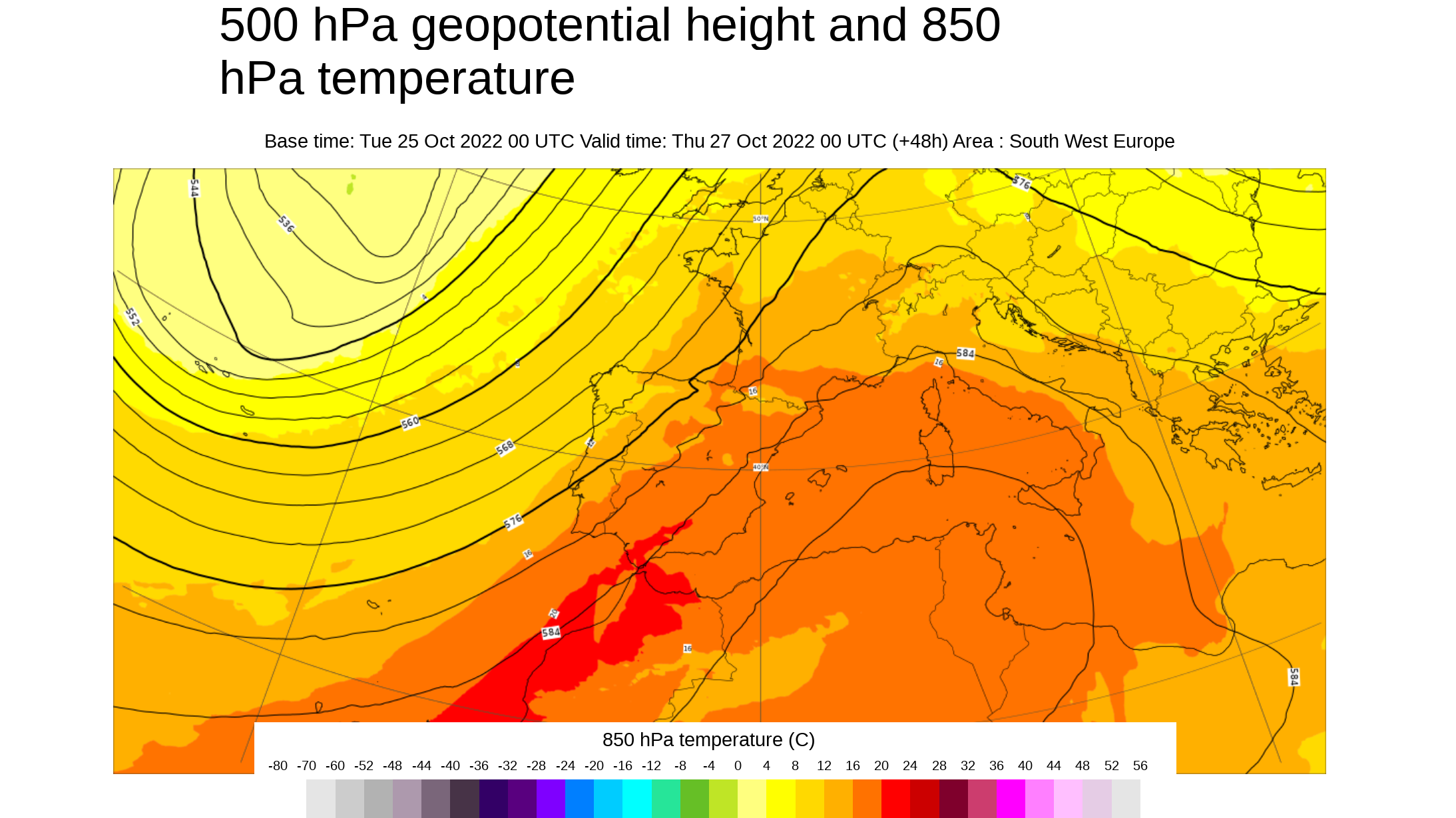 Temperatura y geopotencial 850 hPa, con la dorsal anticiclónica sobre España