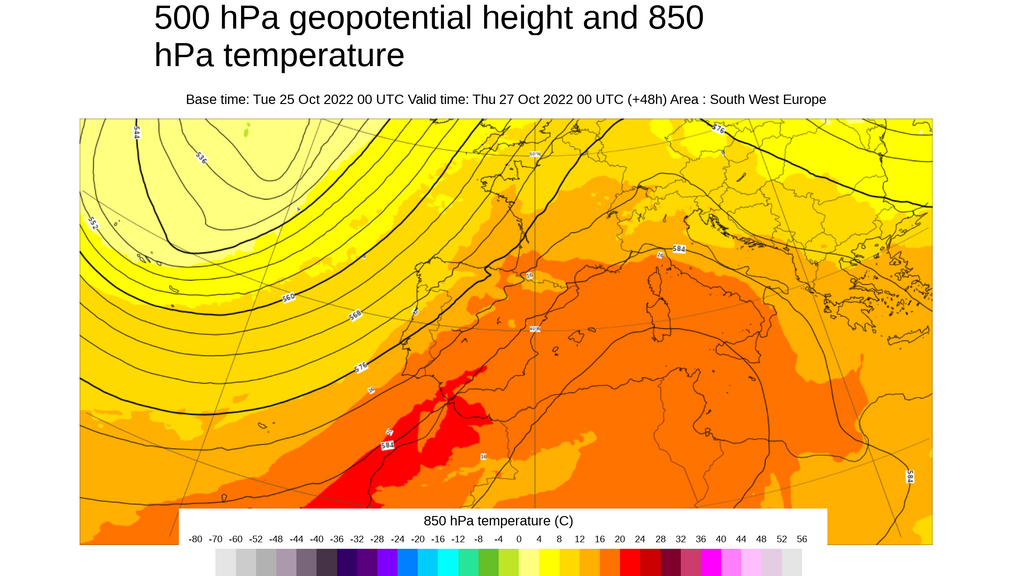 Temperatura y geopotencial 850 hPa, con la dorsal anticiclónica sobre España